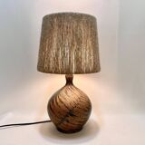 Lampe en grés vintage artiste Alain Blanchard 1970 fougère abat-jour corde raphia campagne