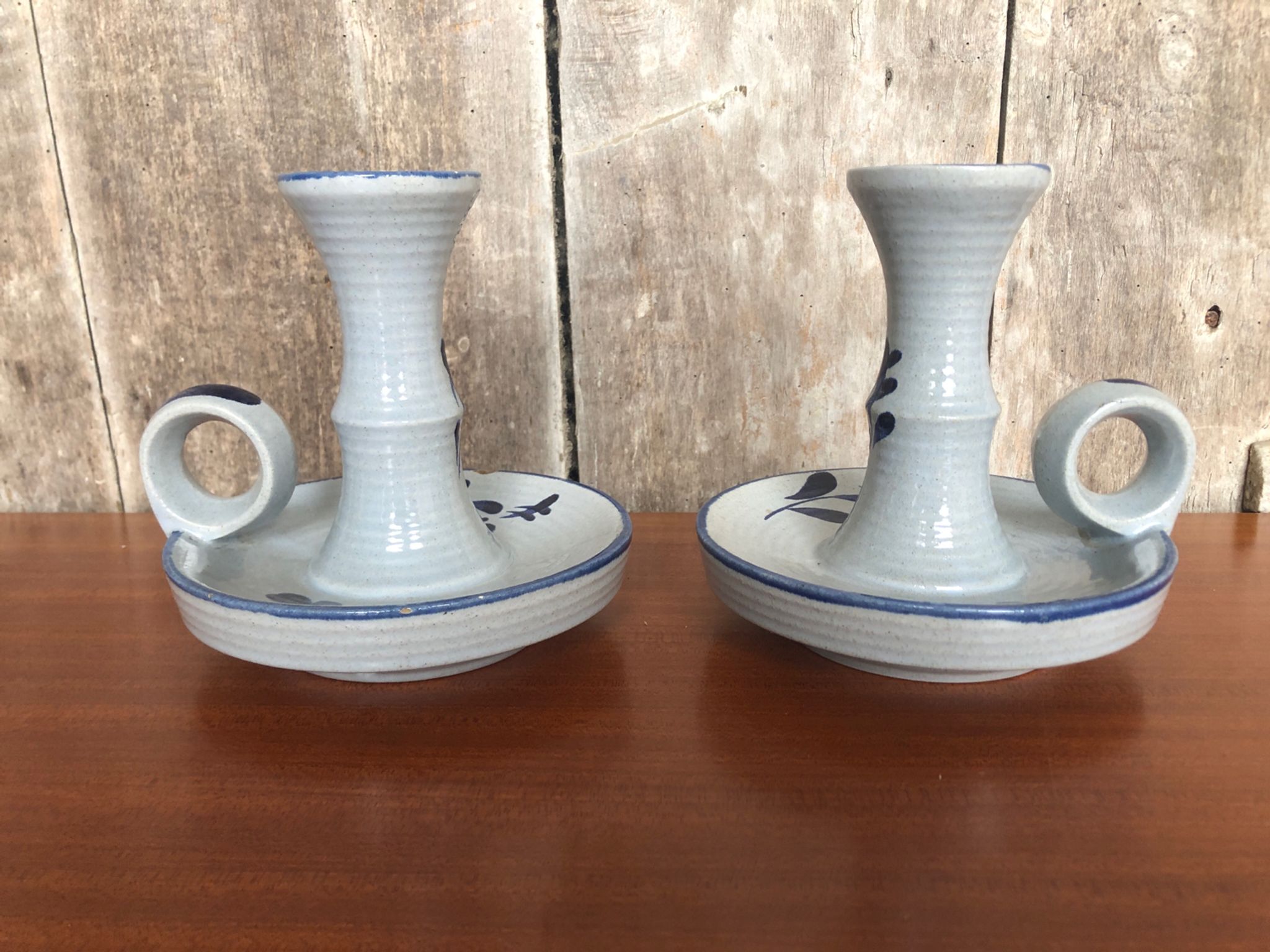 Old pair of hand candlesticks st clément céramique bleue france #a266