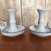 Old pair of hand candlesticks st clément céramique bleue france #a266
