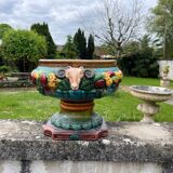 Large neoclassical majolica jardinière with ram's heads.