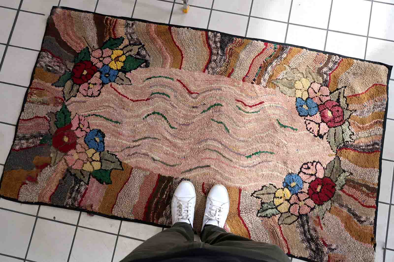 Handmade american hooked antique rug 100cm x 174cm 1880s