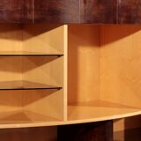 Iconic Aldo Tura brown goatskin bar cabinet with electric lift & mirror interior.