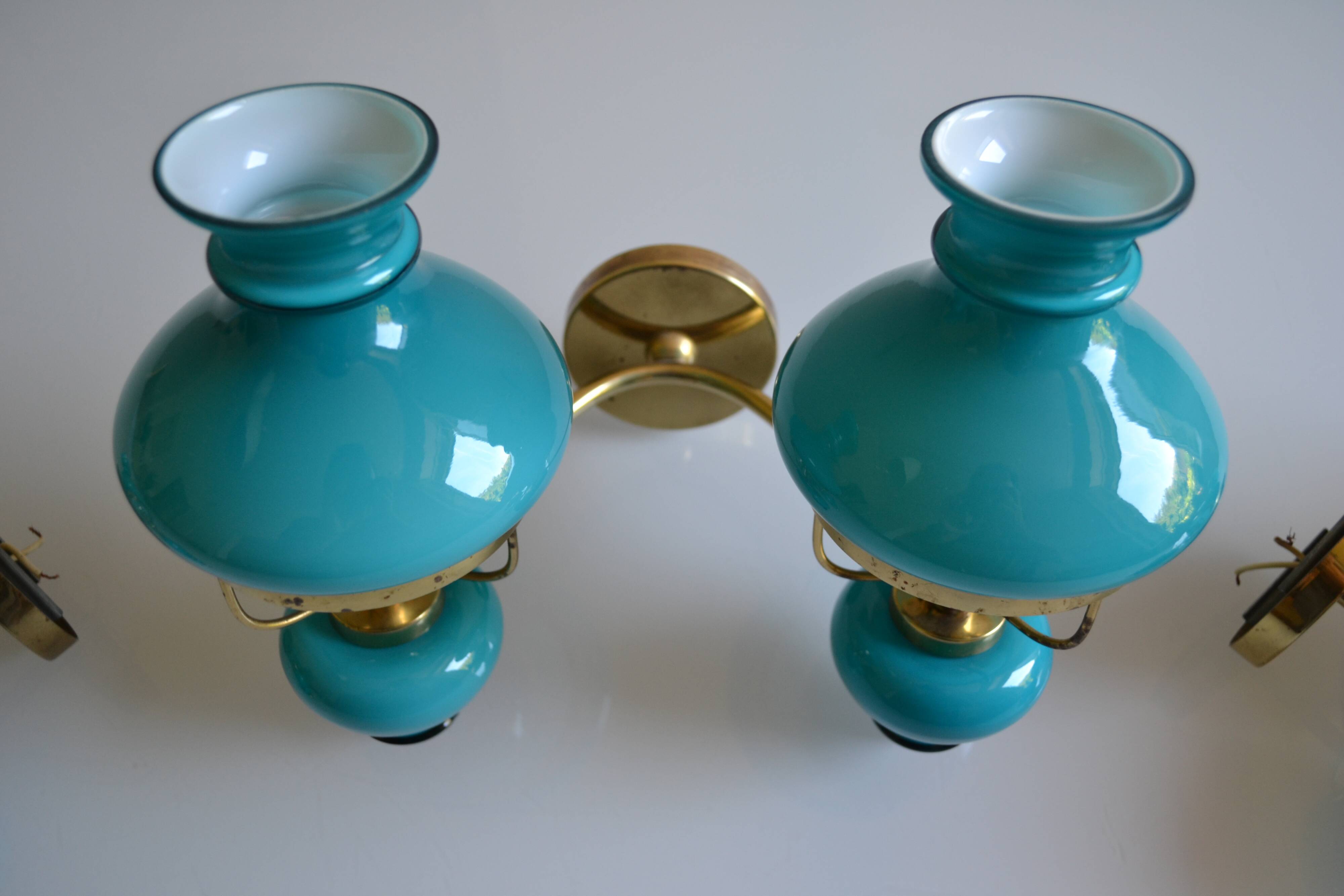 Series of 3 vintage brass and blue opaline wall lamps