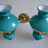 Series of 3 vintage brass and blue opaline wall lamps
