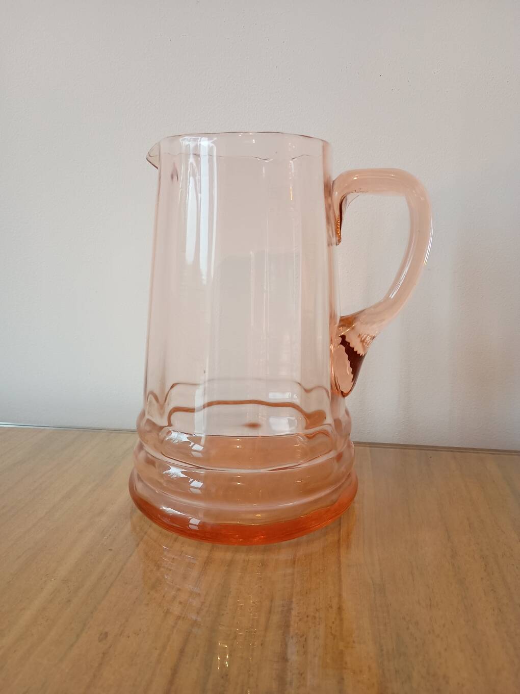 Vintage pink glass water carafe from the 1970s.