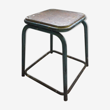 Tabouret avec assise en bois et 4 pieds tubulaires métalliques - Années 1960