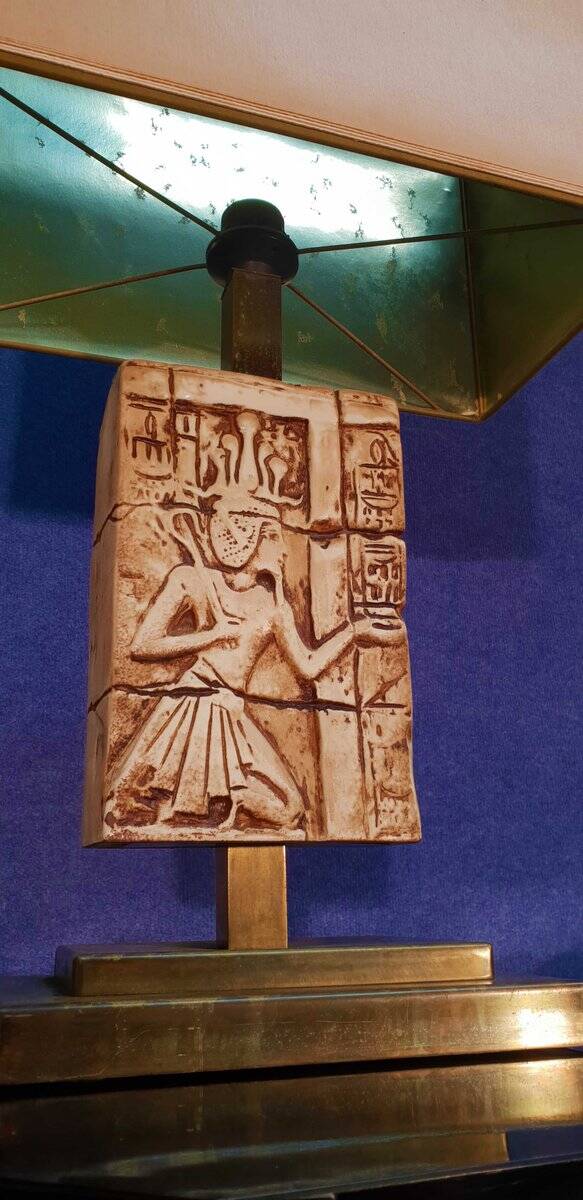 Vintage "Egyptomania" lamp in ceramic and patinated brass