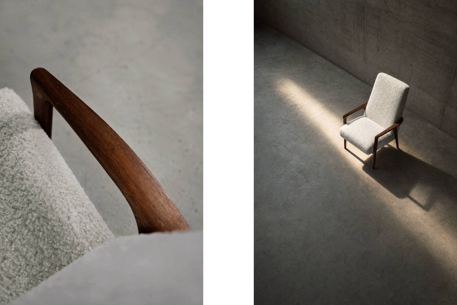 Vintage Mid-Century Scandinavian Modern White Boucle &Teak High Armchair
