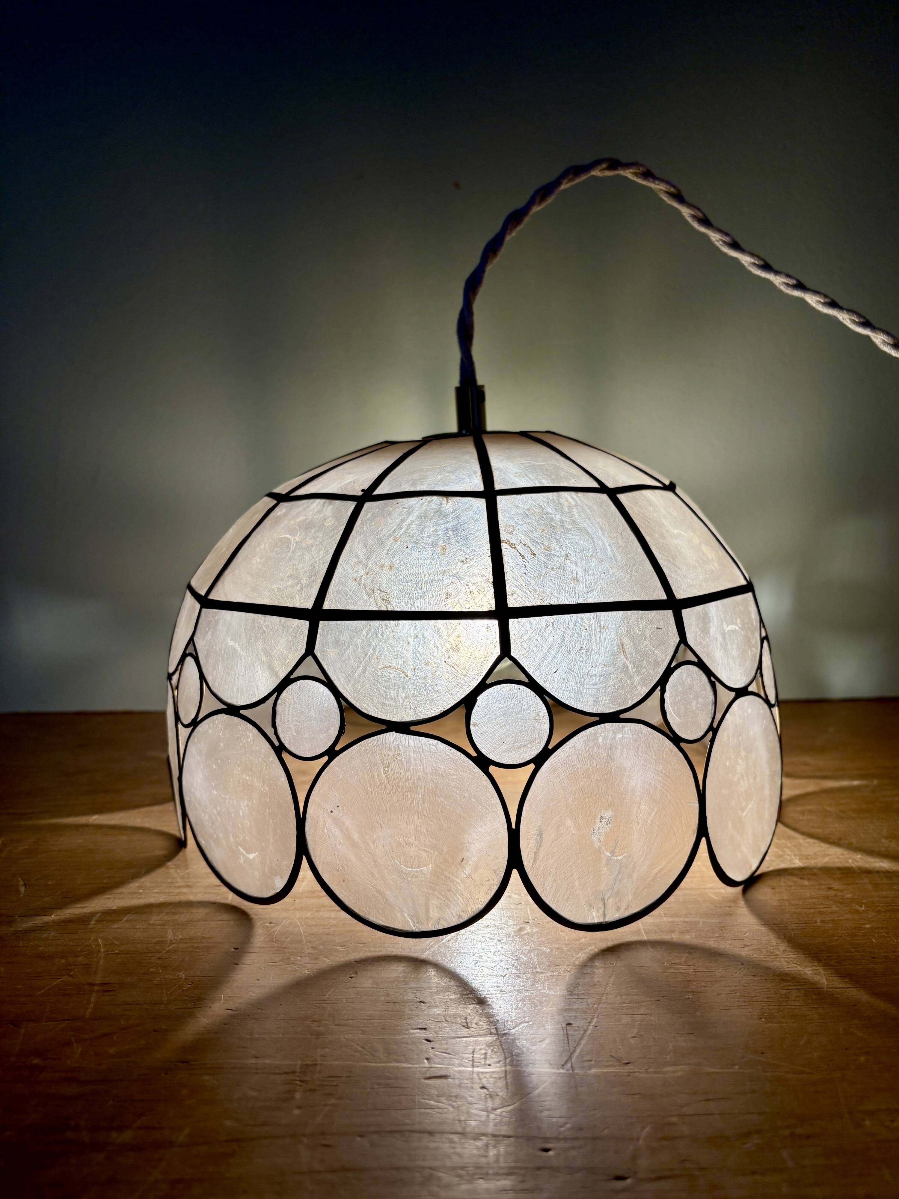 Vintage mother-of-pearl and brass lampshade pendant light