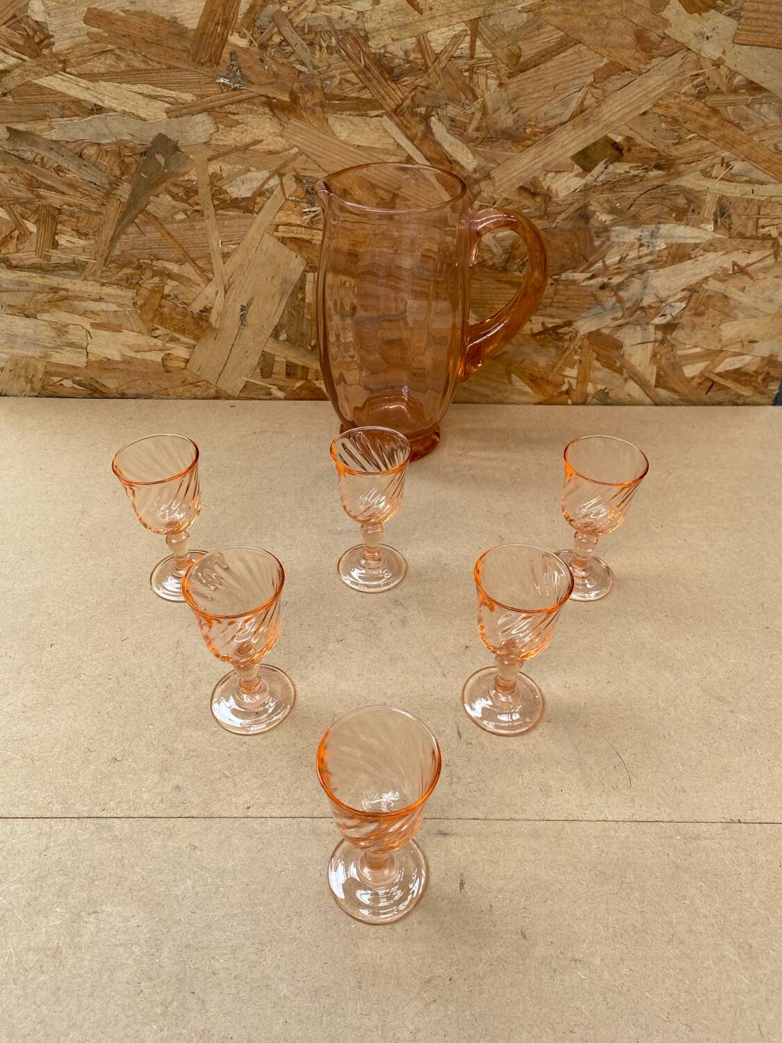 Antique Pink Blown Glass Pitcher Set + 6 Vintage Liqueur Glasses