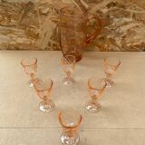Antique Pink Blown Glass Pitcher Set + 6 Vintage Liqueur Glasses