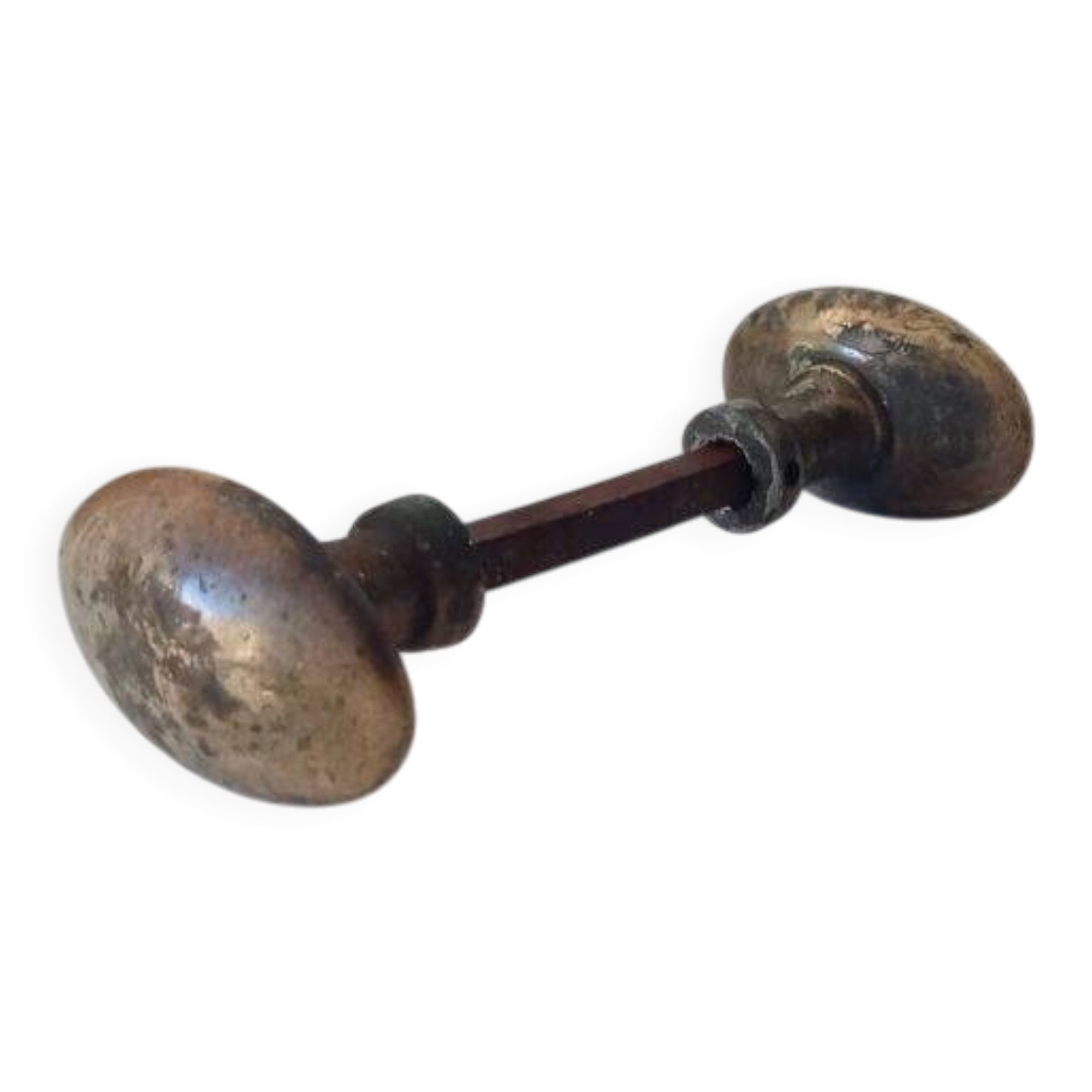 Pair of antique oval door handles in solid gold-plated brass.