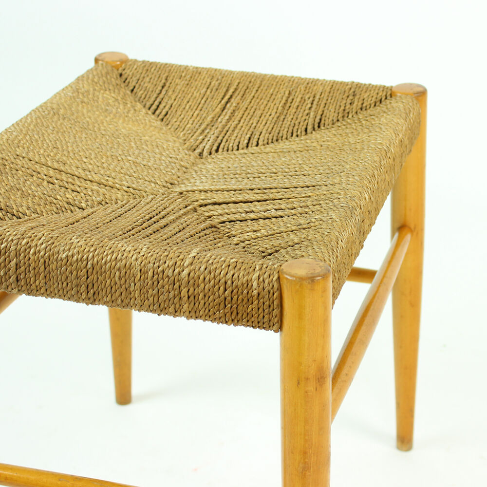Midcentury stool in oak wood and rope, Czechoslovakia 1960