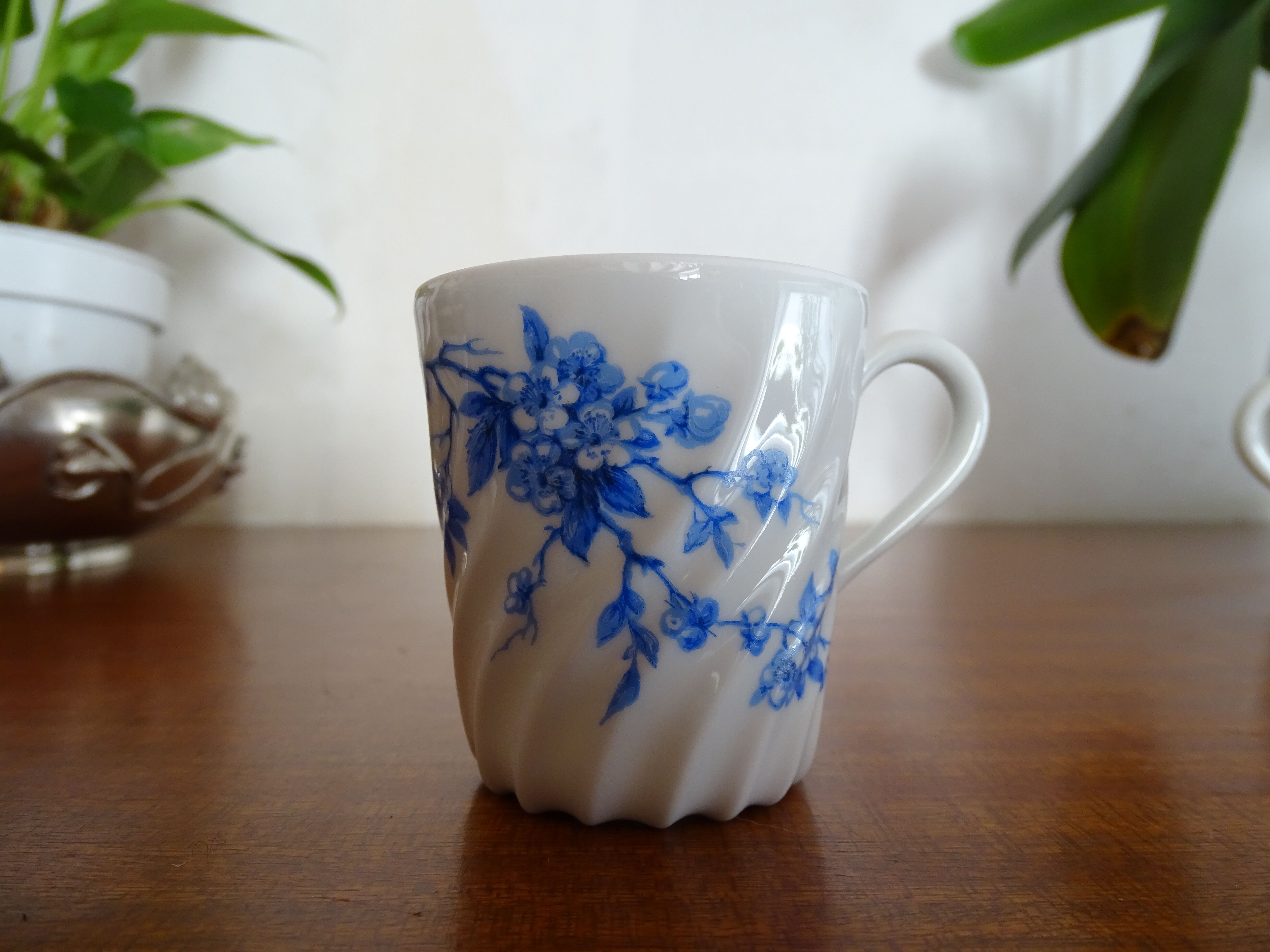6 tasses café porcelaine Limoges Haviland - Cerisier bleu -Cotes torses