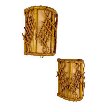Pair of mid-century rattan wall sconces, circa 1970s, Italy
