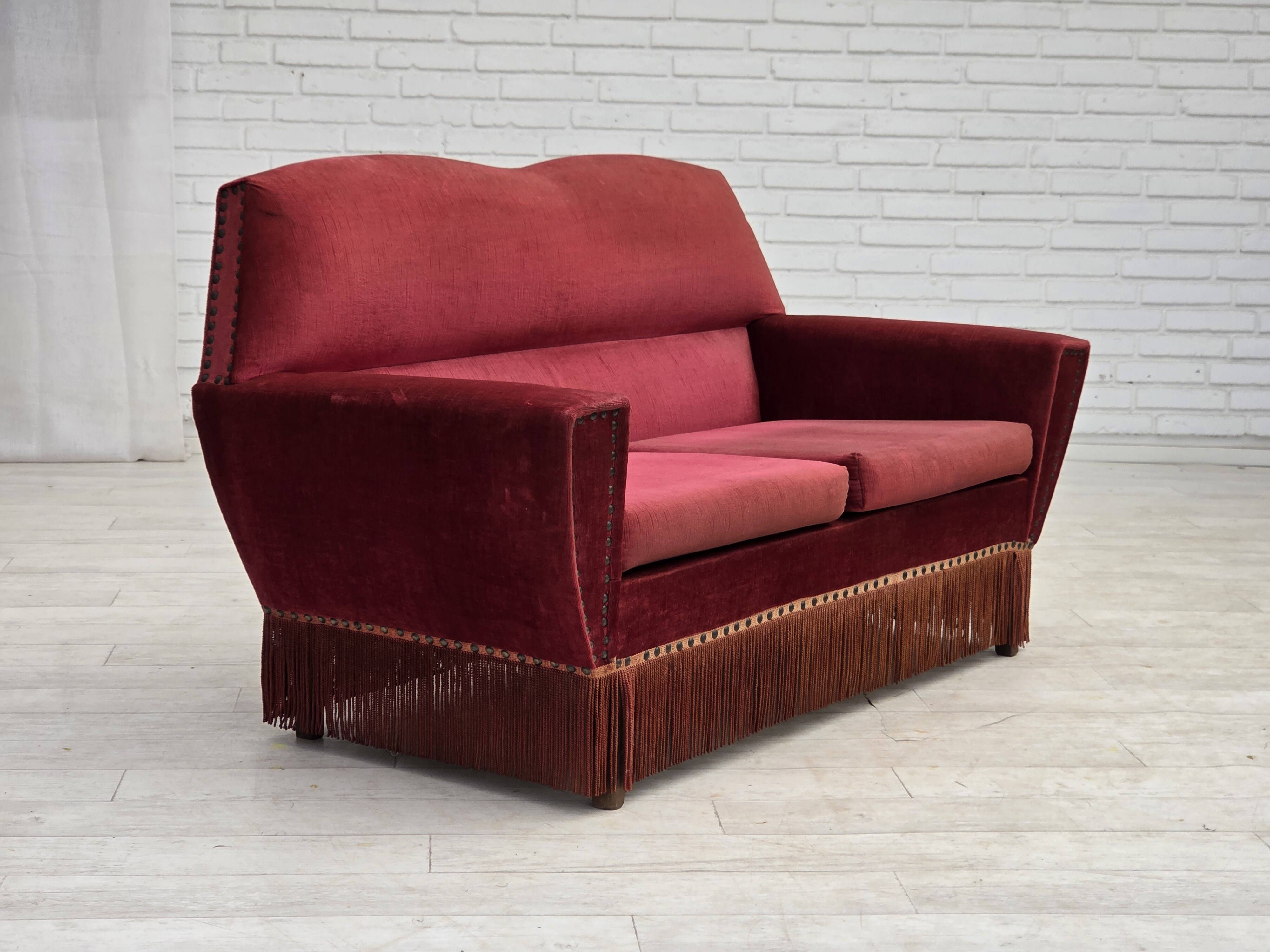 1970s, Danish 2-seater sofa, red furniture velour.