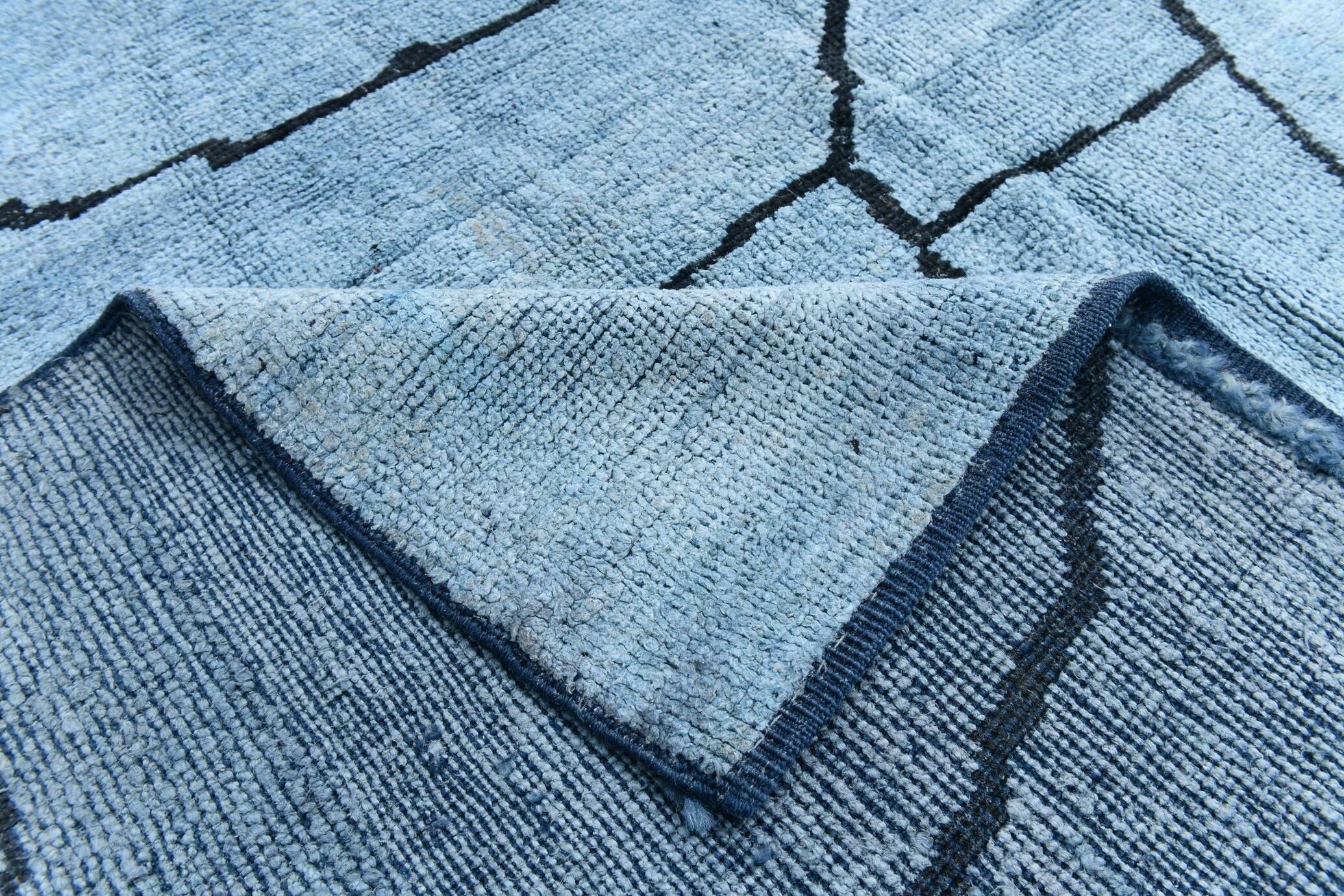 Sky Blue Wool Rug, Modern Handmade Designer Vintage Carpet, 213x281 Cm