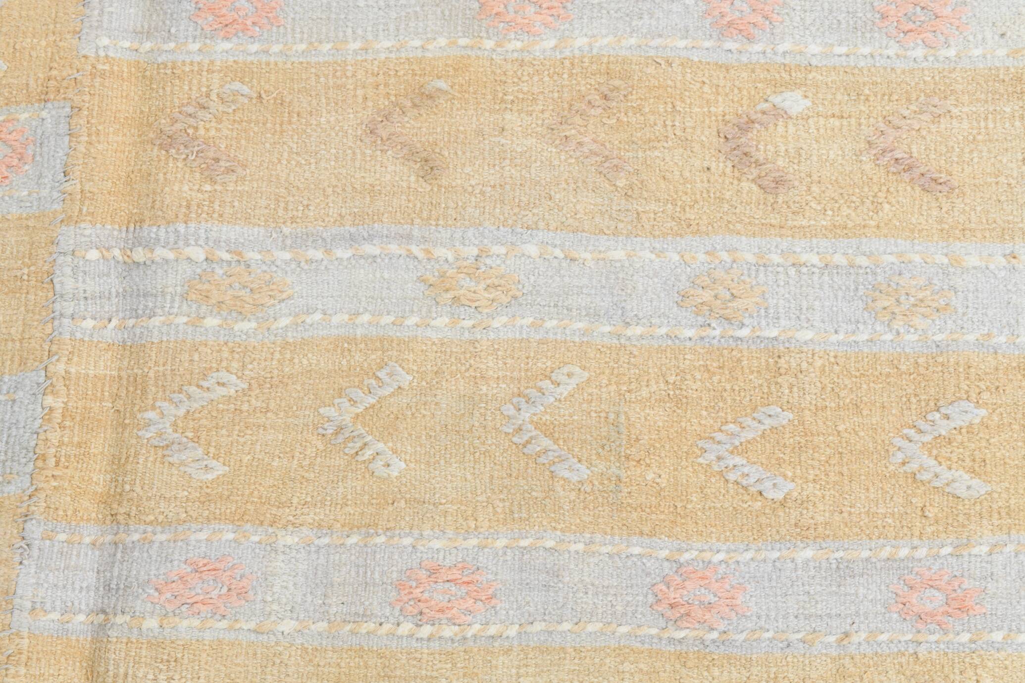 Soft Beige & Mustard Yellow Striped Wool Kilim Rug, 155x396