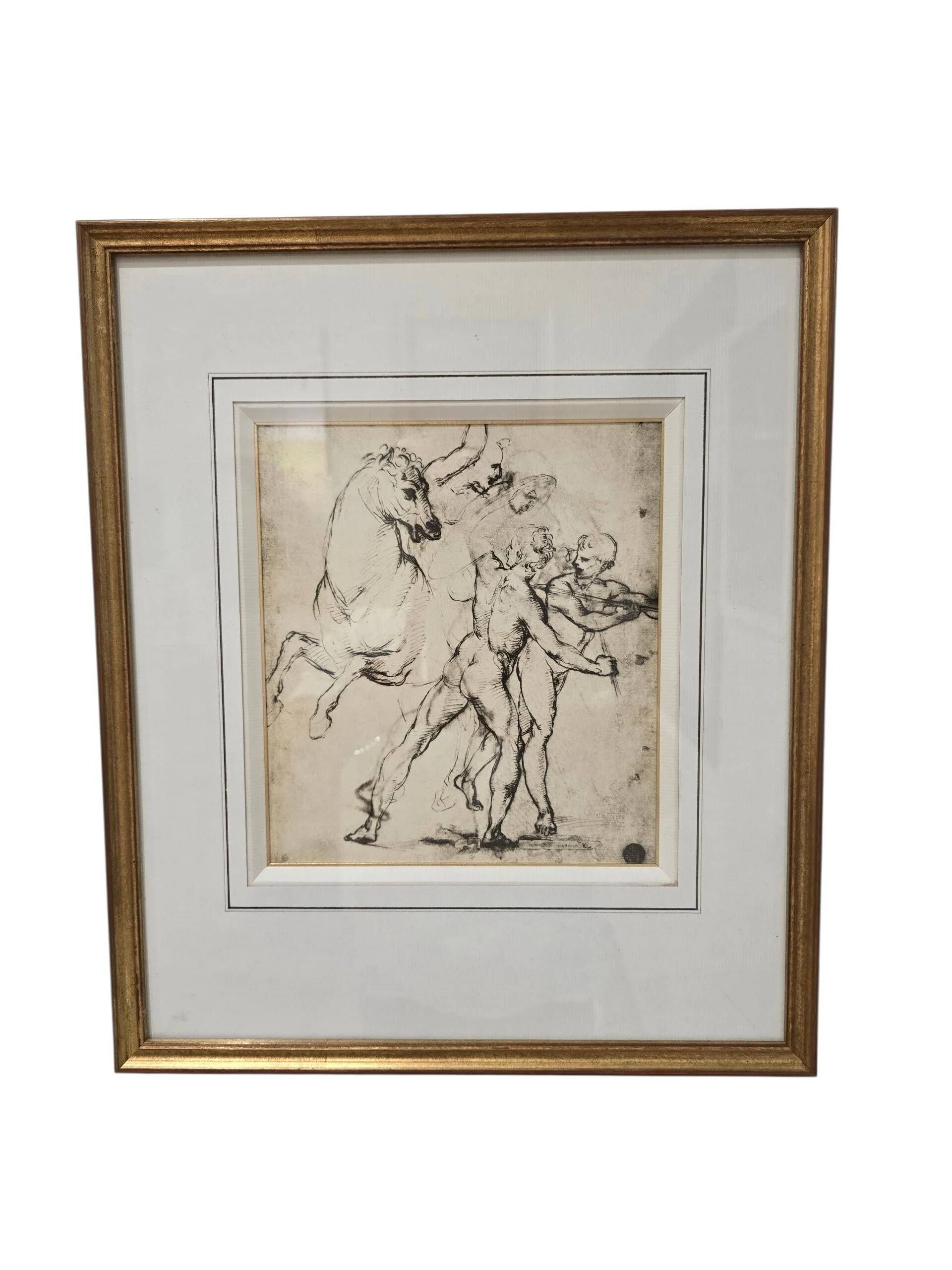 Framed drawing after an old master – Study of horses and male figures