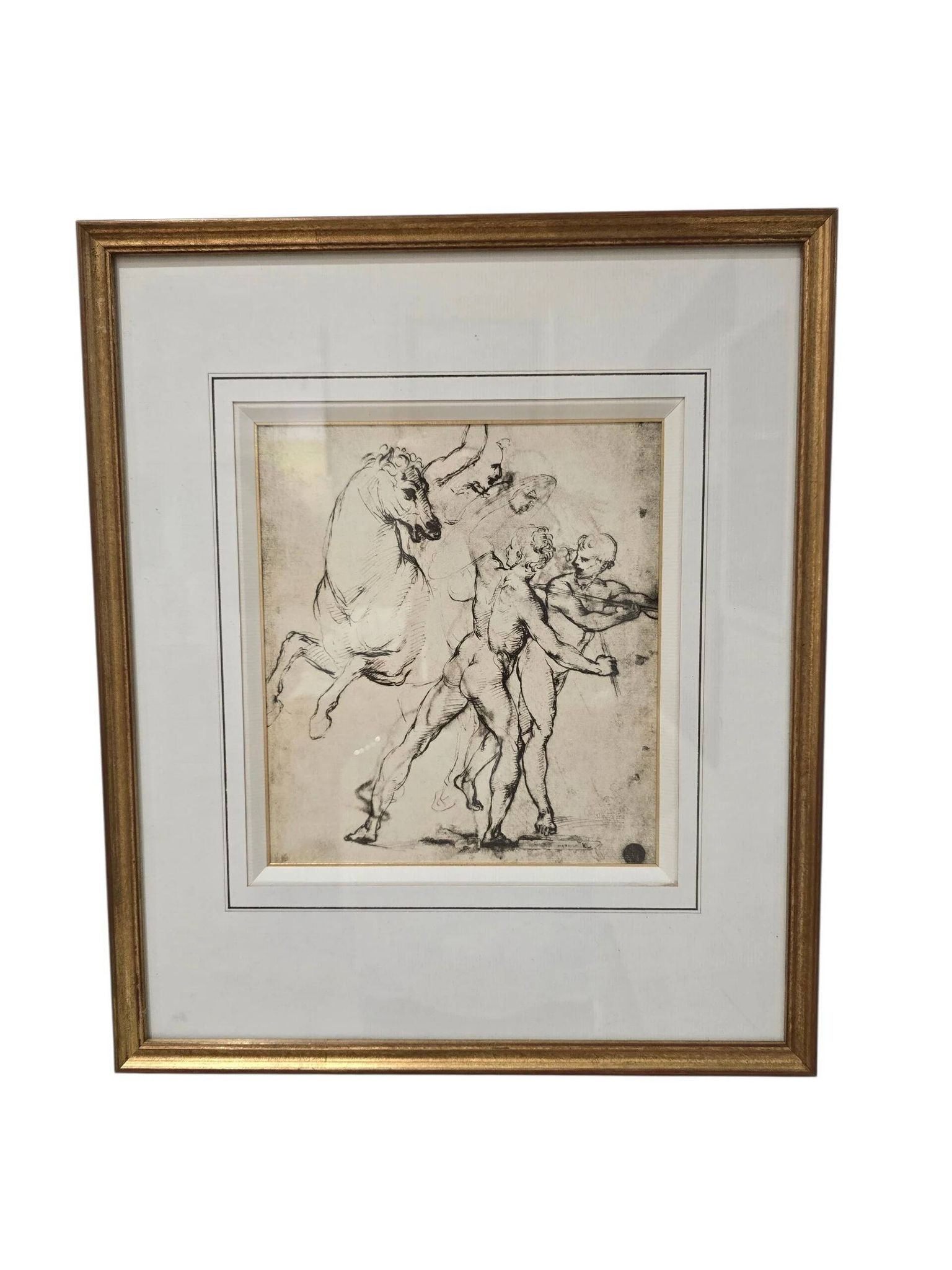 Framed drawing after an old master – Study of horses and male figures