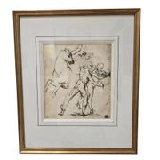 Framed drawing after an old master – Study of horses and male figures