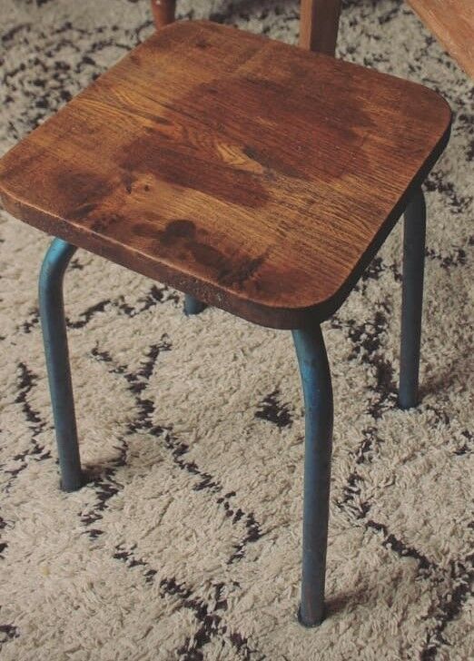 Industrial stool sitting wood feet metal blue metal feet