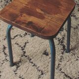 Industrial stool sitting wood feet metal blue metal feet