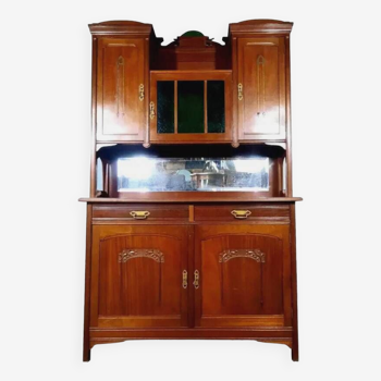 Two-body Art Nouveau period sideboard in mahogany and ceramic early 1900