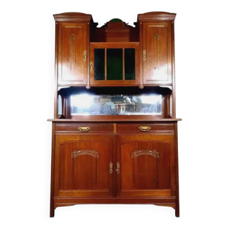 Two-body Art Nouveau period sideboard in mahogany and ceramic early 1900