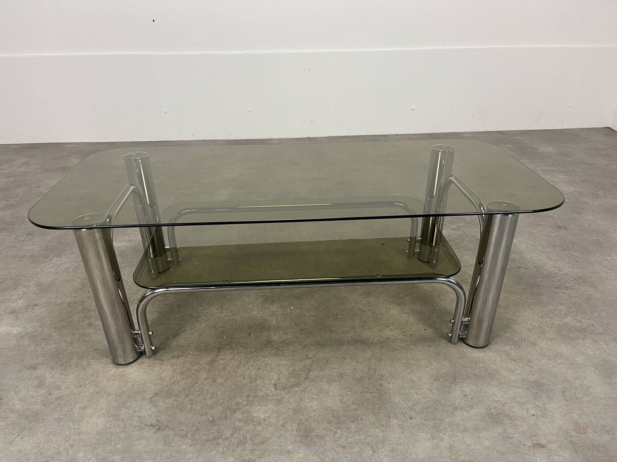 Chrome metal and smoked glass coffee table, 70s