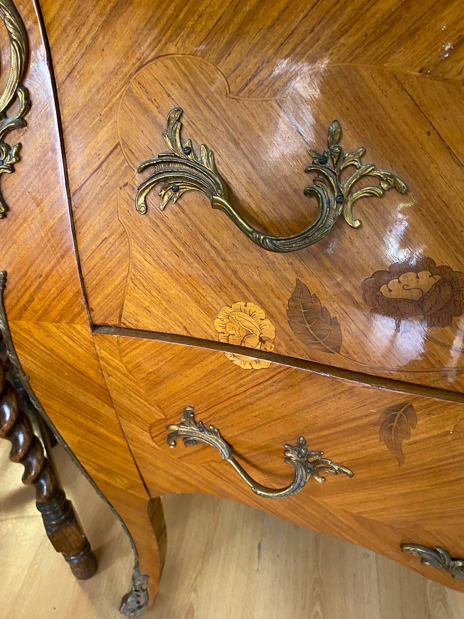 Louis xv style curved chest of drawers in marquetry with marble and embroidered floral decor
