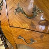 Louis xv style curved chest of drawers in marquetry with marble and embroidered floral decor