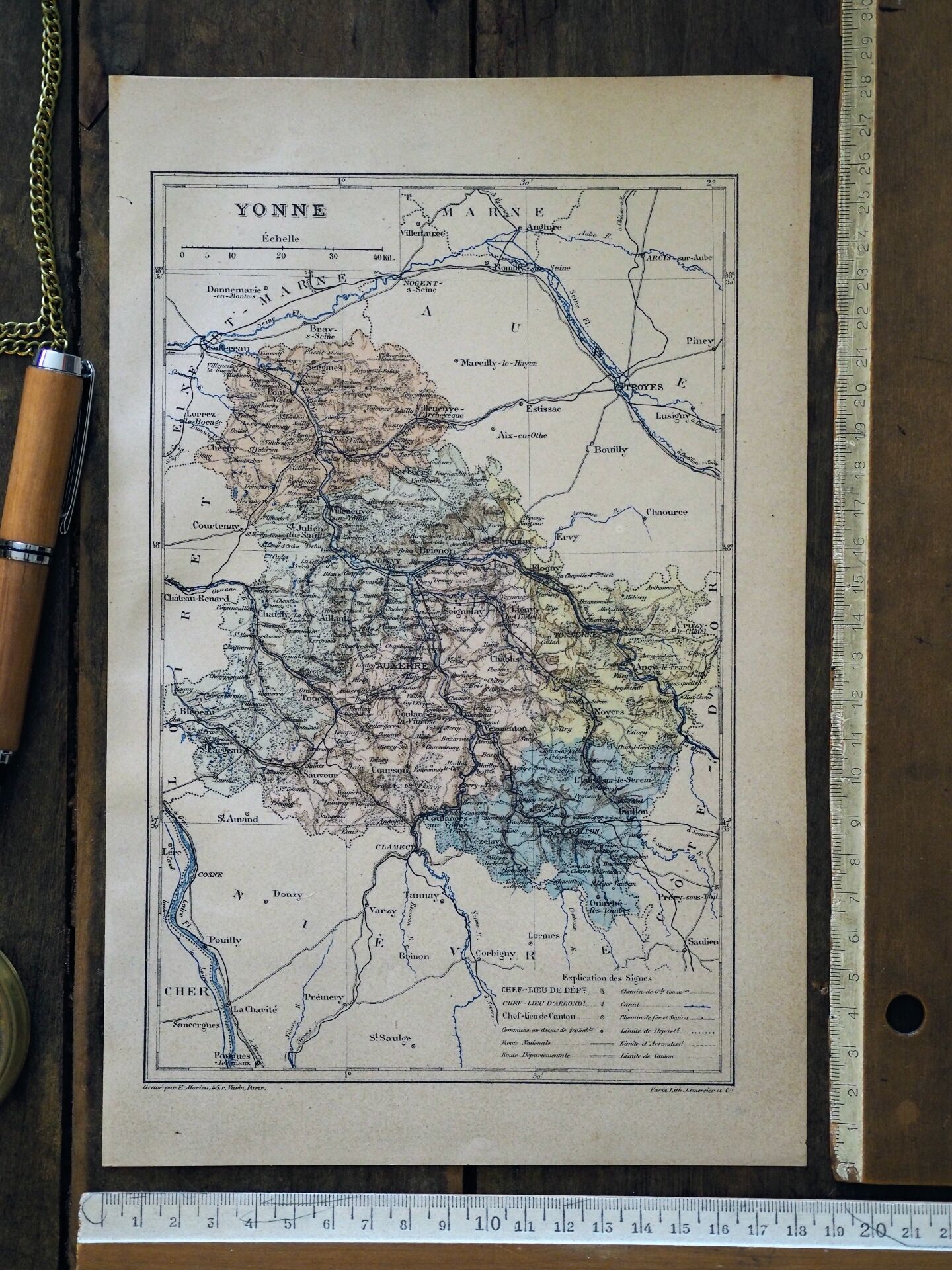 Map of the Yonne, printed in 1889. Authentic Vintage.