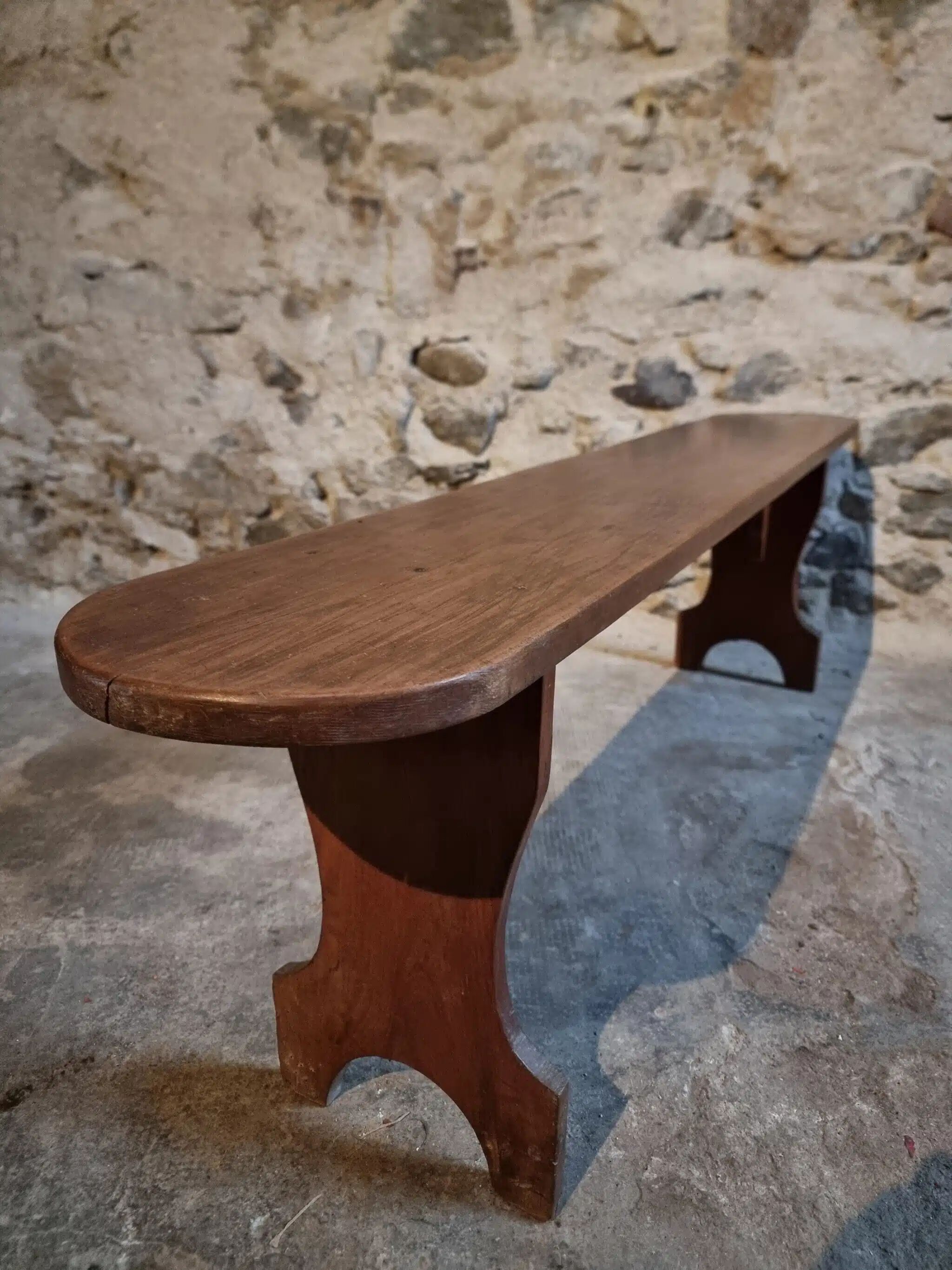 French cherry wood bench, 1930s, narrow wooden bench.
