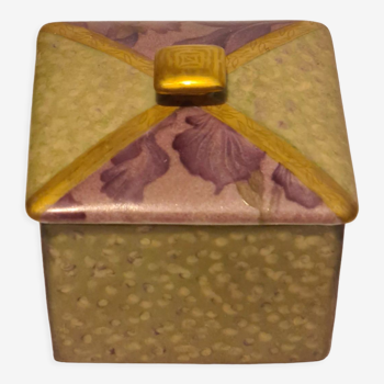 Green, gold and mauve earthenware candy box with floral decoration