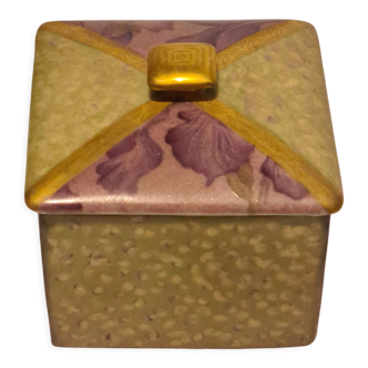 Green, gold and mauve earthenware candy box with floral decoration