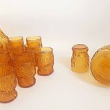 Orange juice set textured glass amber Empoli 2 decanters 12 glasses 70s