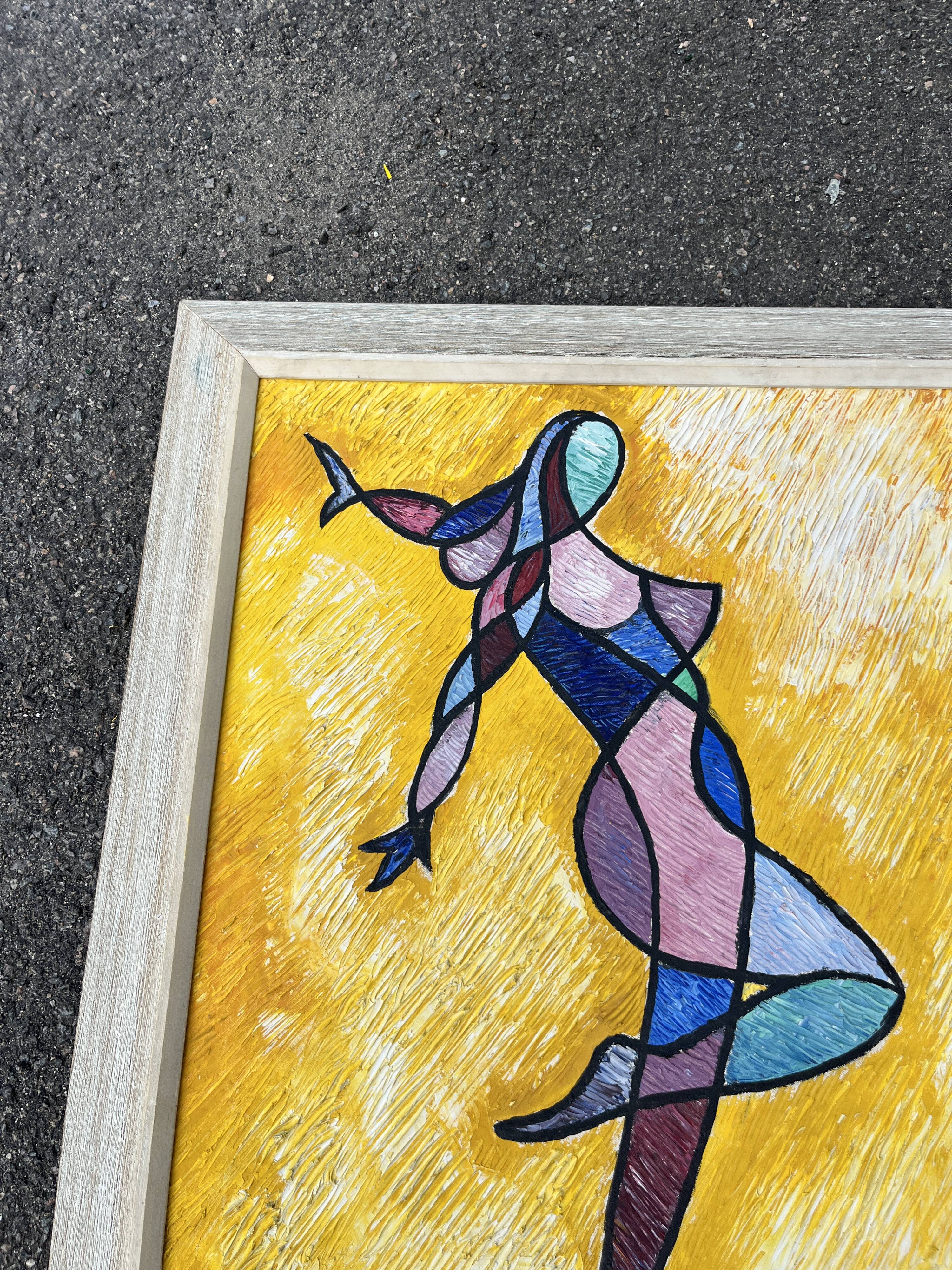 Tableau Vintage Modernist Cubist 84x65 cm – Signed Thallon