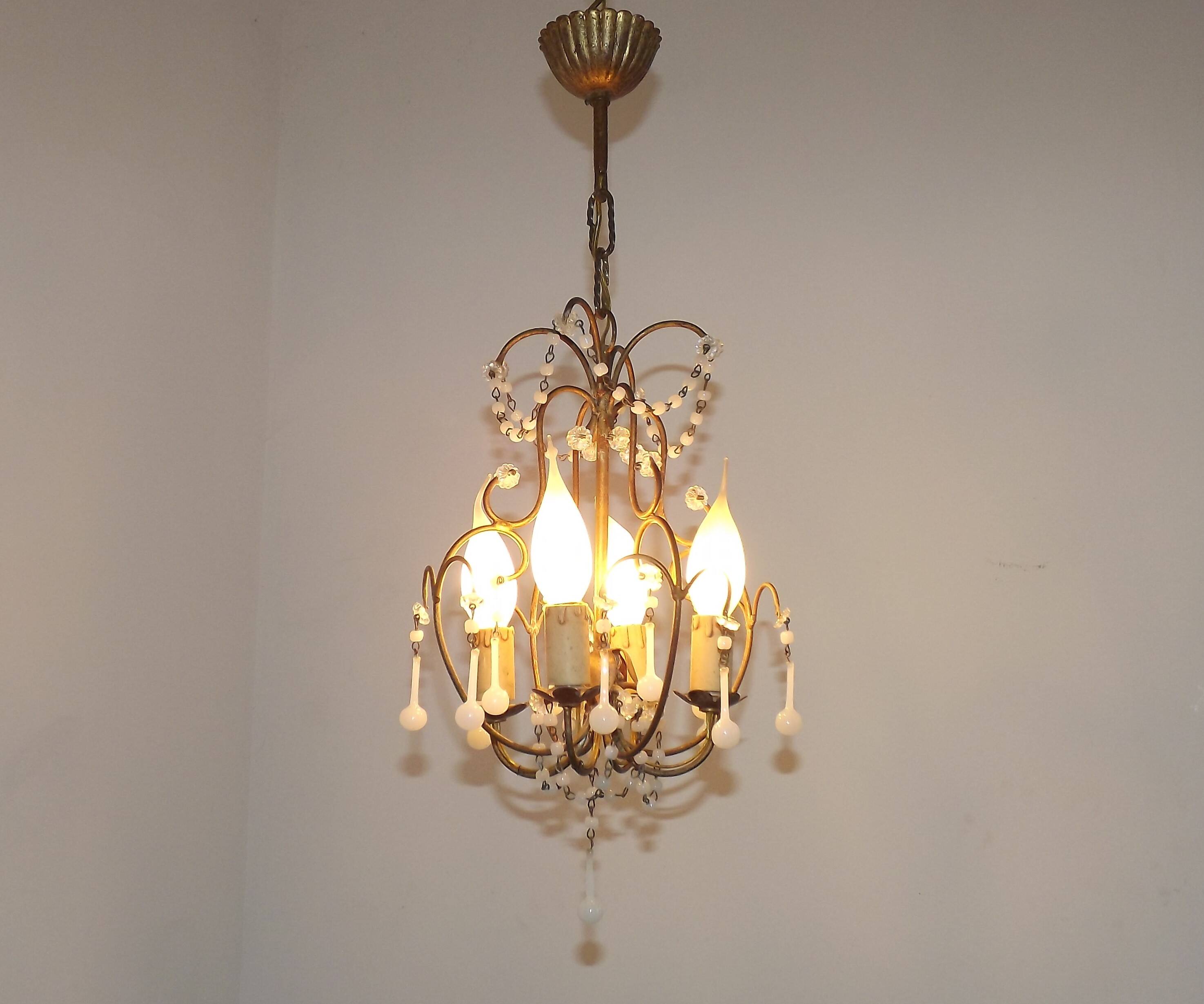 French Vintage 4 Light Metal Cage Chandelier with White Murano Drops and Beads