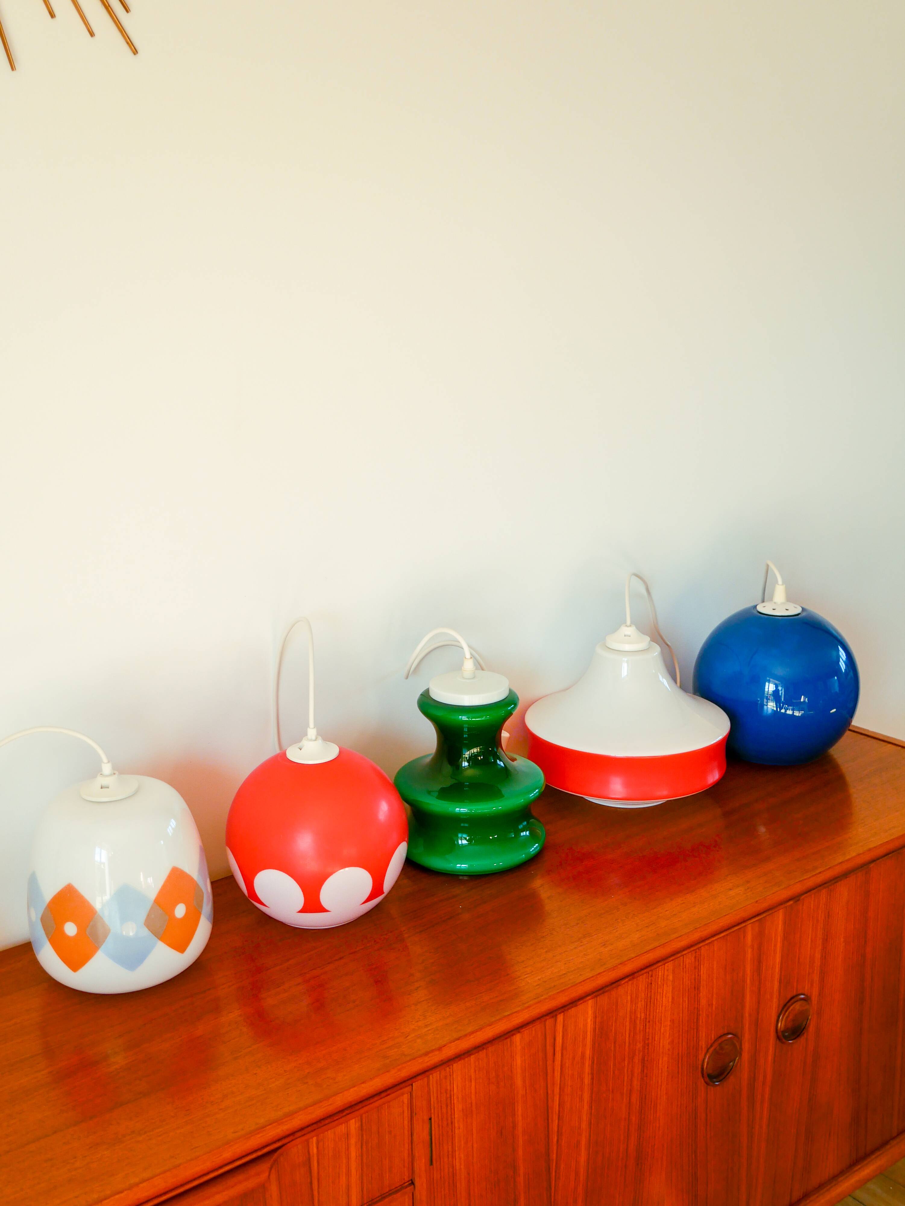 Spherical pendant light in royal blue opaline design 1970