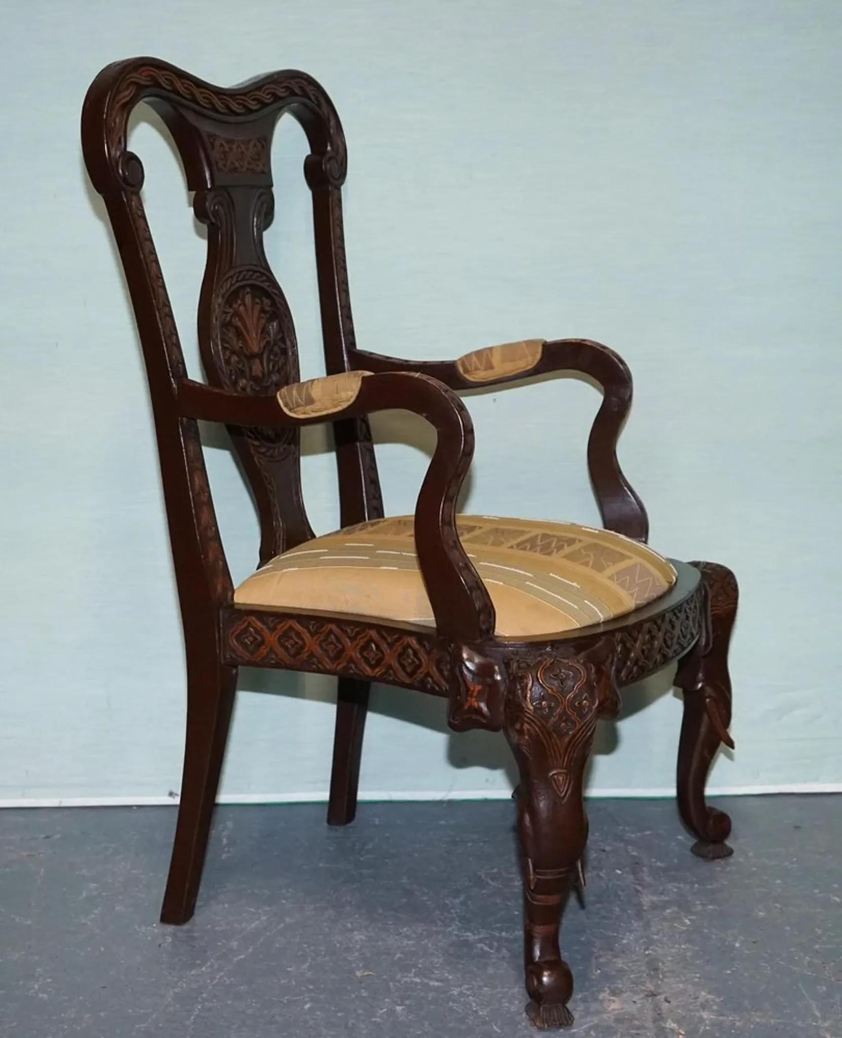 Heavily Carved Anglo-Indian Wooden Armchair