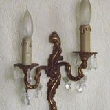 Pair of French Vintage Double Acanthus Leaf Bronze & Crystal Wall Lights 51