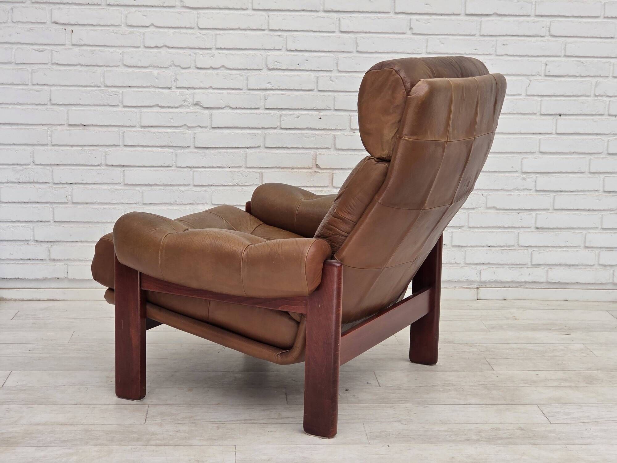 1970s, Swedish design, armchair with footstool, furniture leather.