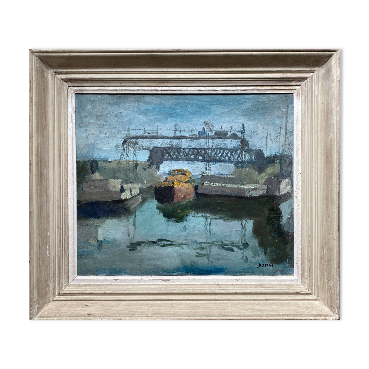 HST painting "The Canal with barges" Post impressionist signed Dumas + frame