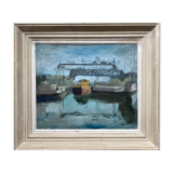 HST painting "The Canal with barges" Post impressionist signed Dumas + frame