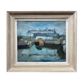 HST painting "The Canal with barges" Post impressionist signed Dumas + frame