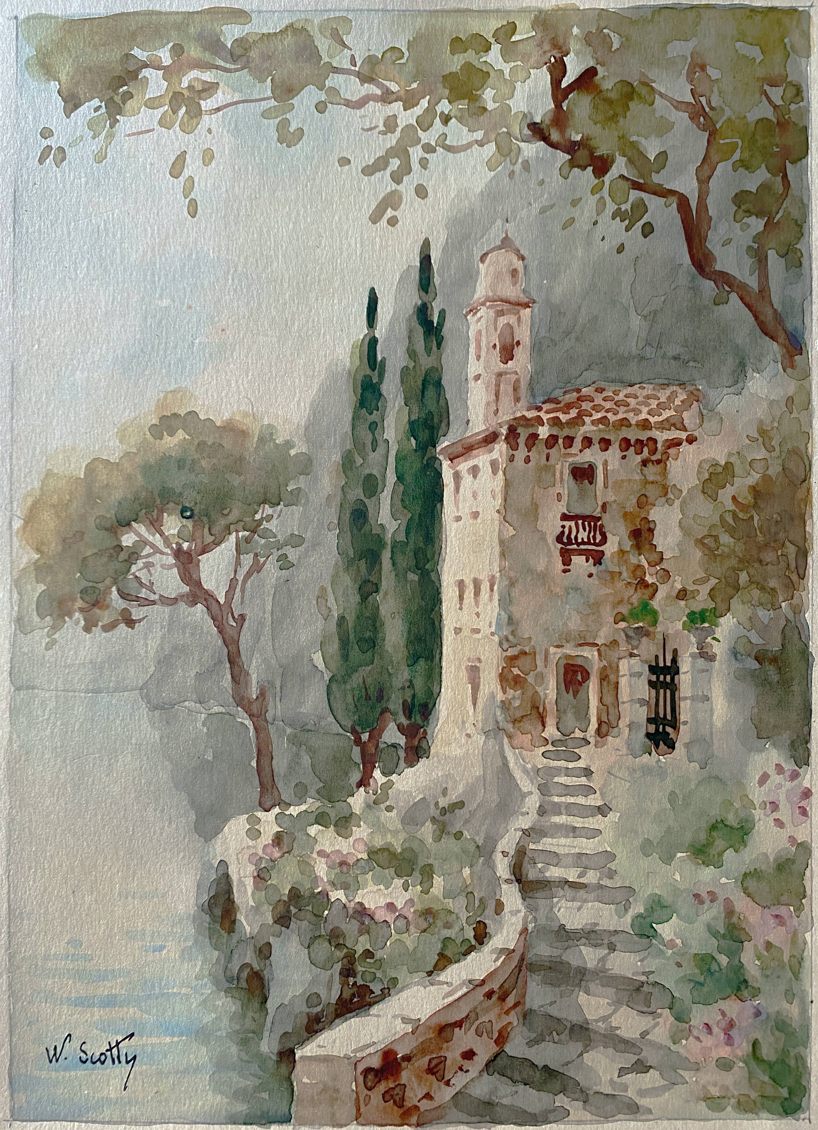 Watercolor painting "Monastery" Italy early XX ° by W. Scotty