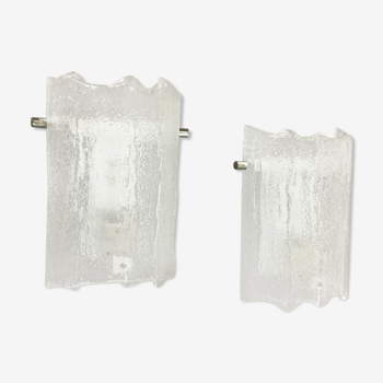 Set of 2 vintage ice glass metal wall lights by Kaiser Leuchten, Germany 1960s