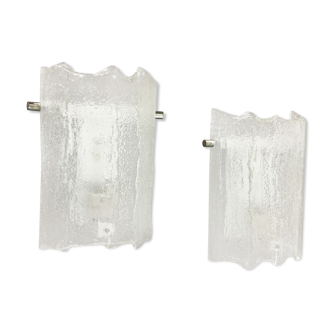 Set of 2 vintage ice glass metal wall lights by Kaiser Leuchten, Germany 1960s