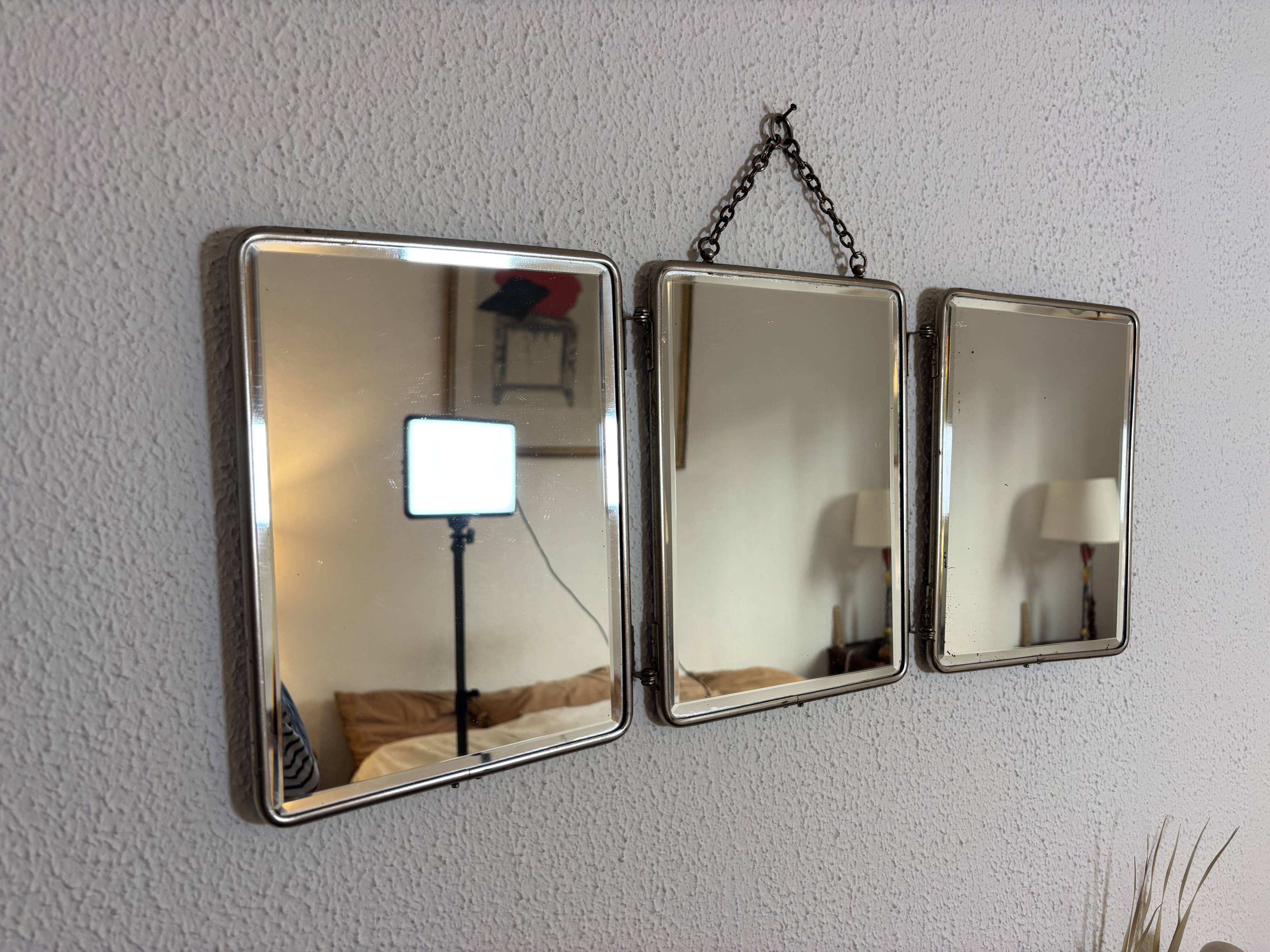 Vintage 1930s triptych barber mirror, beveled black crystal - 25 x 59 cm
